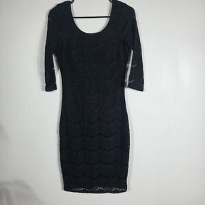 Fire Los Angeles Black Lace Zipper Bodycon Dress 3/4 Sleeve Midi Size M